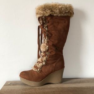 Bamboo brown fur and suede knee high wedged boots